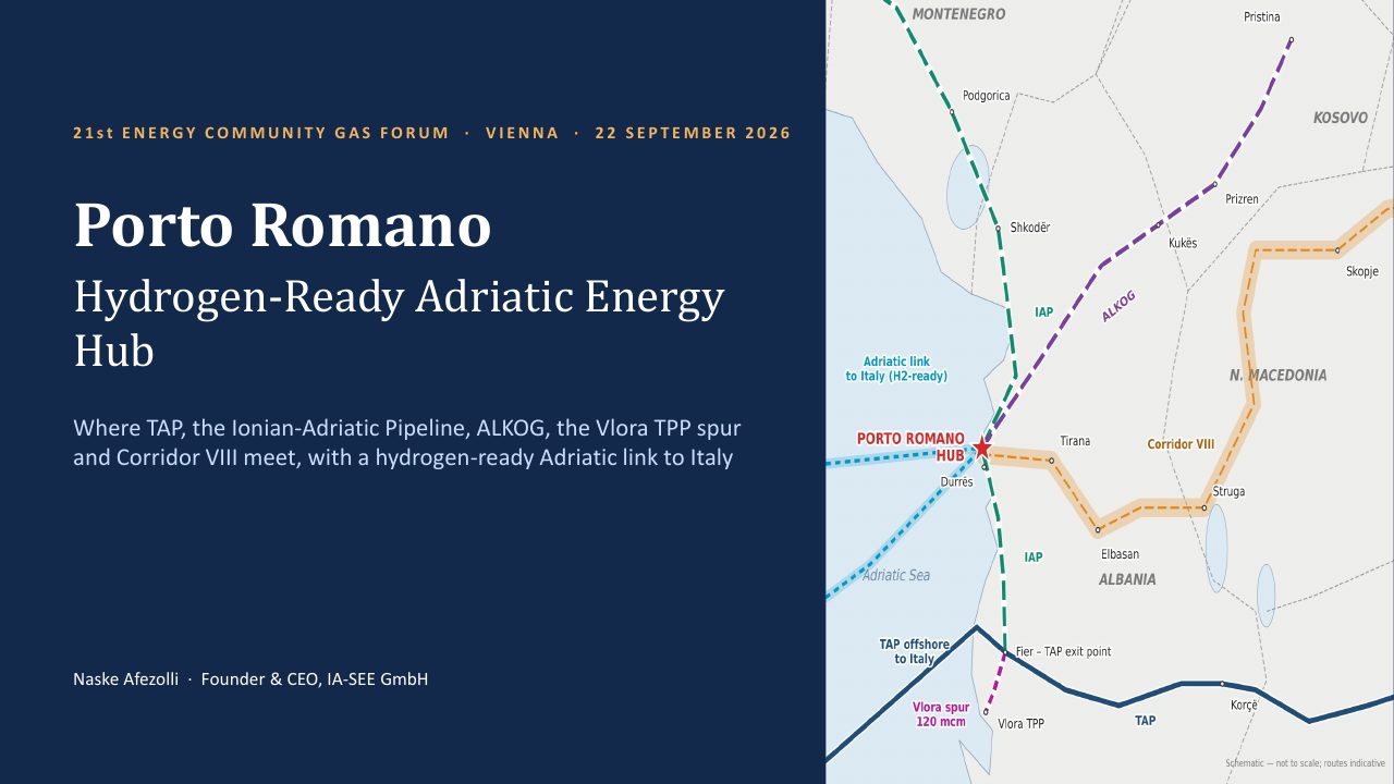 Title slide: Porto Romano Hydrogen-Ready Adriatic Energy Hub, 21st Energy Community Gas Forum, Vienna, 22 September 2026